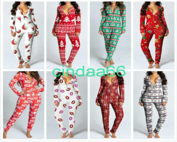 Kadın Onesies Designer Tulumlar Düğmesi Flip Yetişkin Pijamalar Noel Ağacı Baskılı Uzun Kollu Homewear Rompers6042140