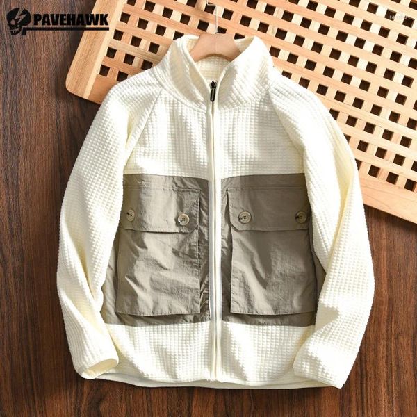 Jackets masculinos Moda Waffle Mens Jaqueta Simplicidade Bolsos de Bloqueio de Cores Coloque Casal Casal Patchwork Japanese Casual O Outwear Macho