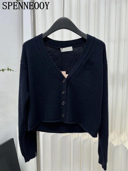 Kadın Örgüleri Spenneooy Moda Tasarımcısı Yaz Koyu Mavi Gevşek İnce Hardigan Düz Renk V Yağ Tek Kruvaze Uzun Kollu Sweaters