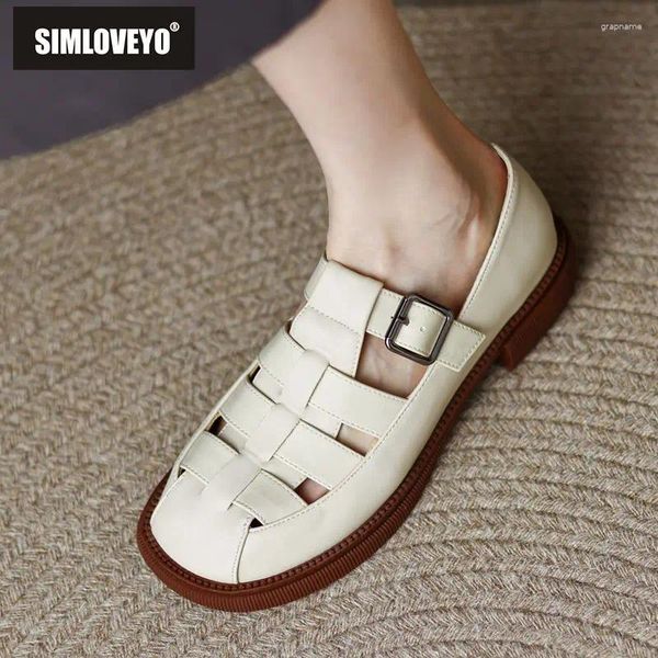 Scarpe casual SIMLOVEYO marca 2024 appartamenti estivi femminili 32 33 cinturino con fibbia punta quadrata cava grande formato 42 43 morbido causale quotidiano donna