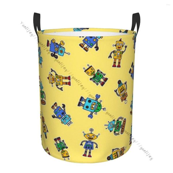 Bolsa de cesta de bolsas de lavanderia Saco de armazenamento de cesto impermeabilizável retro fofo e divertido robô sujo de roupas sujas cesto