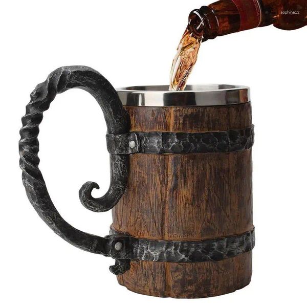 Becher Viking Holzstil Bierbecher Eimer geformtes Tankard Cup Edelstahl Vintage -Kaffee mit Griff für Cocktail und