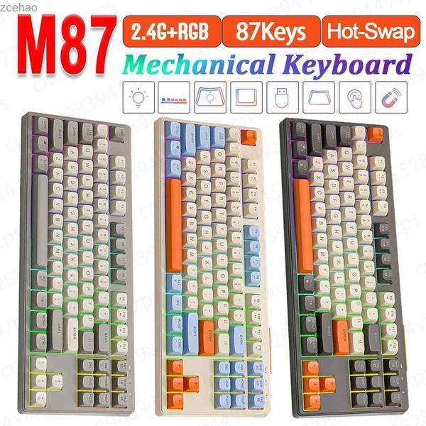 Teclados M87 Teclado mecânico 87 teclado sem fio compatível com Bluetooth-chave 2.4g RGB Tipo-C Teclado de jogo mecânico de retroiluminação