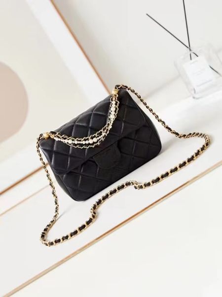 Original Order Quality Designer -Tasche Perle Kette Jumbo Doppelklappe Tasche Luxus Designer Real Leder Kaviar Lambskin Klassische All Black Purse Quilted Handtasche SHATE SHATE