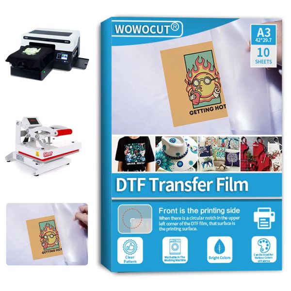 Kağıt Wowocut 10 PCS DTF Transfer Film Kağıt Isı Transferi Kağıt A3 DTF Epson Mürekkep Püskürtmeli Baskı için Çift Yerli Parlak Ön Alakalı DTF Film