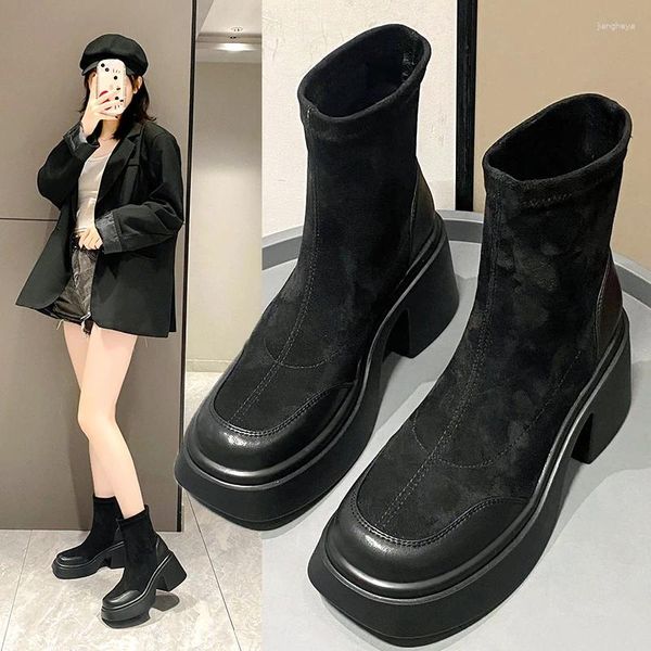 Botas femininas grossas sola curta 2024 início da primavera outono e inverno estilo ocidental versátil confortável