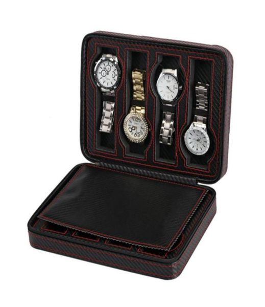 8 slot portátil portátil fibra de carbono preto PU relógio de couro com zíper Bag de viagem Jewlery Watch Box Bag Personalizou Luxury Gift4677959