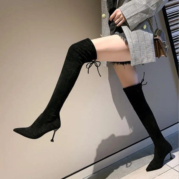 Сапоги жены тонкие высокие каблуки на колене сапоги Cuissarde Femme Leaded Toe Lace Up Bight High Boots Winter Long Slim Strate Boots535