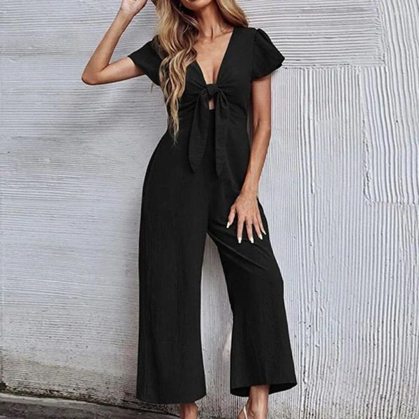 Frauenhose 2024 Fall Street Kurzarm Lose Rompers Frauen Kleidung Patchwork Overalls Mode v Hals Plissee Breite Beinspiele