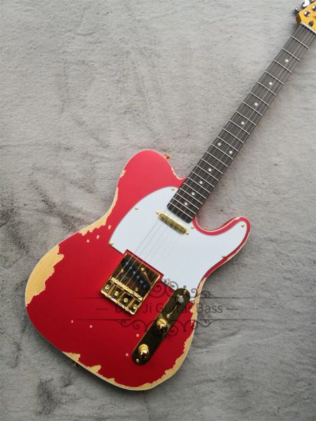 Chitarra opaca rossa viga eletto chitarra tel tel cenere di cenere di legno corpo giallo baciate bianche 22 tasti leganti oro sintonizzatori d'oro