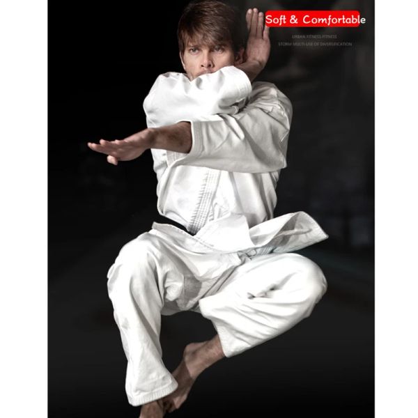 Prodotti di qualità Bianca per adulti adulti uniforme traspirante dobok kyokushinkai dogi kimono taekwondo cintura abito karate abiti per bambini uomini