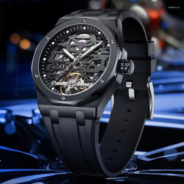 Нарученные часы Ailang Силиконовый ремешок мужчины смотрят 2024 Fashion Hollow Automatic Mechanical для открытых спортивных часов.