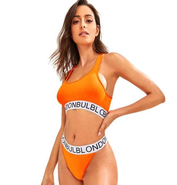 Bikini in Europa und Amerika Stretch Sport Mädchen sexy Set lässig Neonlichter orange Schriftzug atmungsaktiv bequem Kammgarn unde6200294