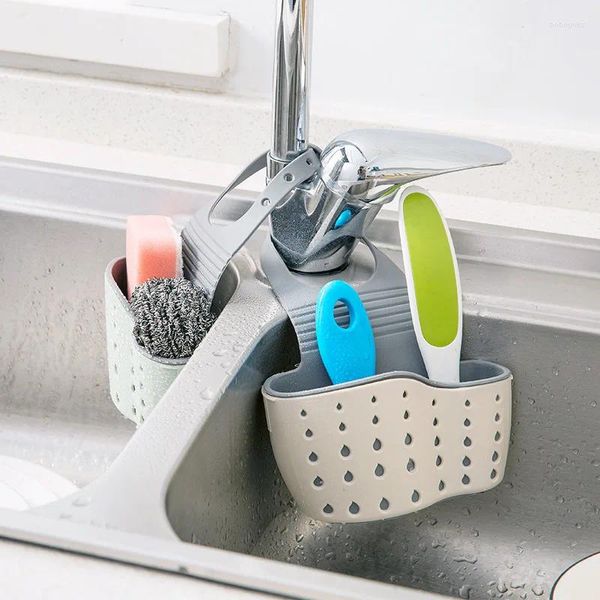 Küche Aufbewahrung Waschbecken Caddy Schwammhalter Silikon Plastikseife hängen a -gerichtbarer Gurtarmatur mit Abflusslöchern zum Trocknen