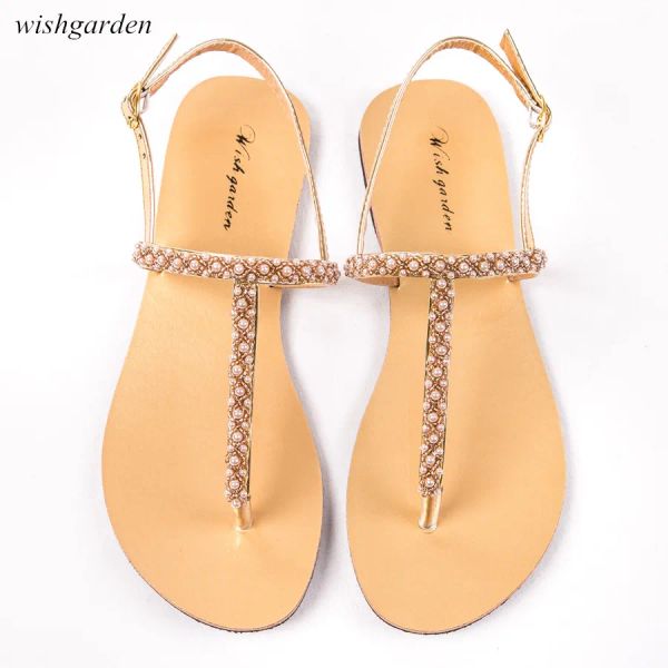 Сапоги New Women Fashion Summer Bohemia Pearl Sandals Lady Casual Beach Shining Boho Shoes testrap Thong Flip Flops Slippers плюс Siz