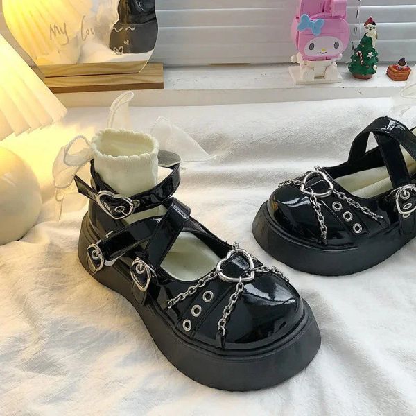 BOMBAS SLIPPERS FELIMENTAS FLIPPERS GOTHIC ROUNTO ROUNTO BLACK MENINAS SAPELAS CHOSSAS PONK Punk Sandal feminino Lolita Casual White Flat Shoes