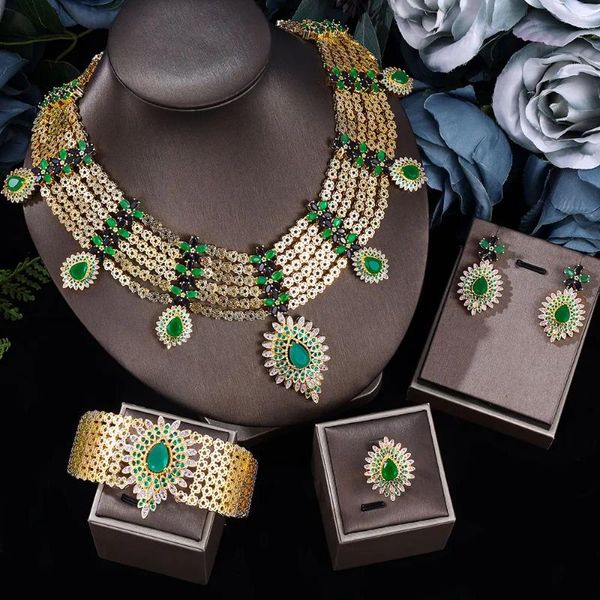 Colar brincos conjunto arábia saudita luxo de alta qualidade artesanato zircônia africano nupcial jóias de casamento cristal verde para festa feminina baile de formatura 4