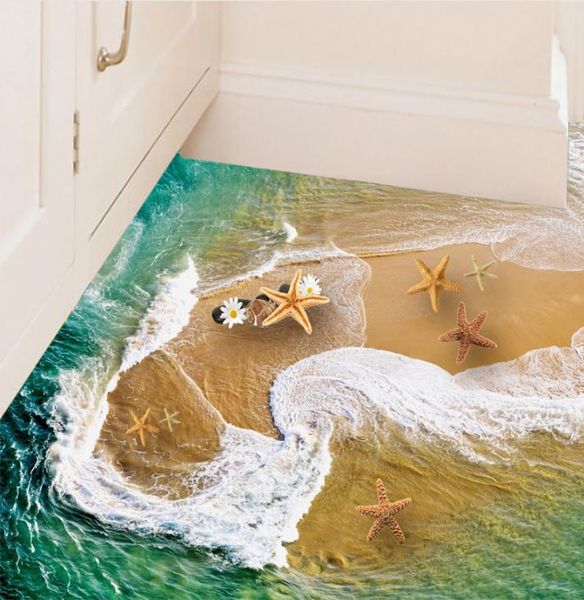 Schöne Wellen Wirbelaufkleber DIY Home Decor 3d Strand Wandaufkleber Seestern Badezimmerboden Poster Kinderzimmer Stikers SD1611641701