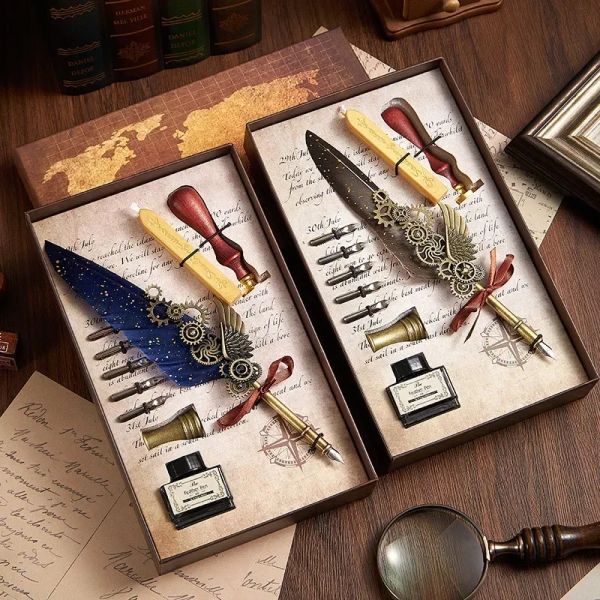 Stifte Retro Feather Fountain Stift Geschenkbox Tinte Stifte zum Schreiben von luxuriösen luxuriösen hochwertigen eleganten dauerhaften Dip Stifte Supplies Office