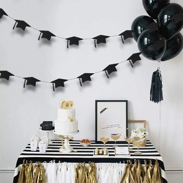 Tees Black Gold Graduation Bachelor Hat Banner Cap Paper Garlands for School Celebrations 2023 Decorazioni per festa di laurea