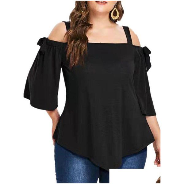 T-shirt da donna Plus size Eleganti e giovani Black Black Summer Bluses Casual Spaghetti Cint Shoder Shirts con Bow Cott H3vj Drop de Dh5le