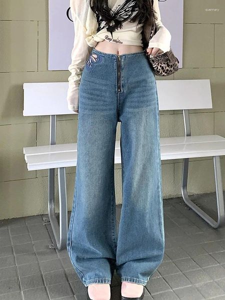 Jeans femininos Selgiri Butterfly Cutt Out Zipper High Wistide For Women 2024 Y2K Streetwear solto de perna larga lisa