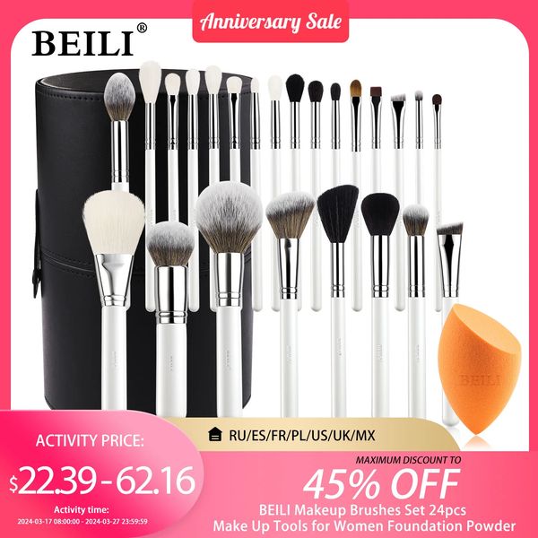 Beili conjunto de pincéis de maquiagem, 24 peças, ferramentas de maquiagem para mulheres, base, pó, sombra, blush, cabelo de cabra natural, branco/prateado 240320