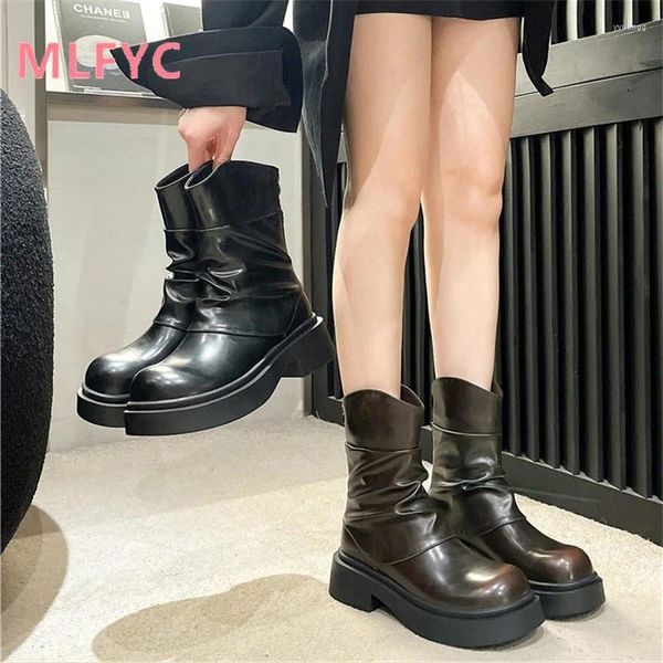 Botas de comprimento médio para a moda feminina Retro Slimming Autumn e Winter Shopping Trend