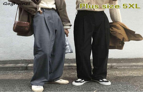 Feminino sólido simples cintura alta em linha reta calças casuais plus size 5xl streetwear senhoras solto terno calças bolso comprimento total adolescentes y4484301