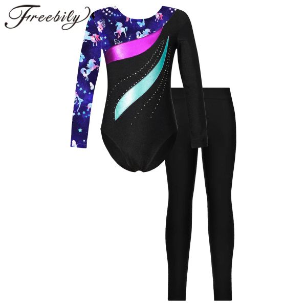 Abbigliamento per bambini ragazze maniche lunghe Shiny Sinestones stampato bottena di balletto con leggings set da ballo per pattinare la tuta da ginnastica