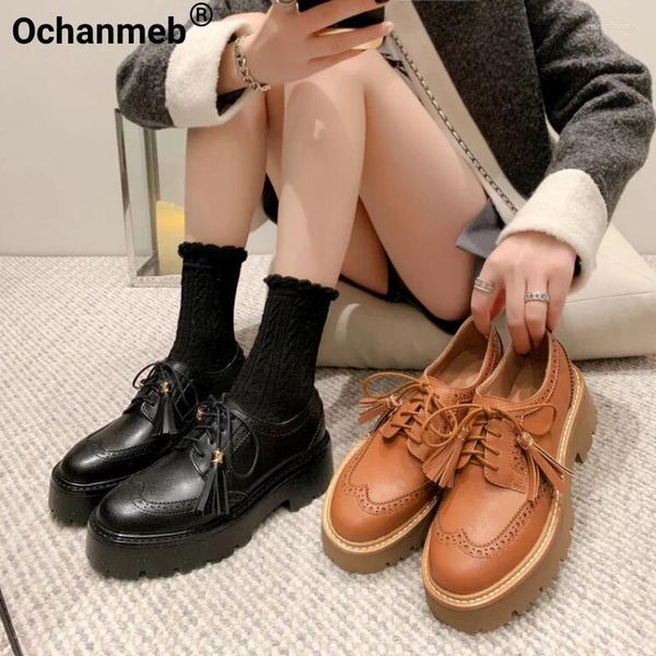 Sıradan Ayakkabı Ochanmeb Orijinal İnek Deri Deri Brogue Kadınlar Tıknaz Topuk Platform Tassel İngiliz Dantel-Up Oxford Derby Shoe Lady Daily