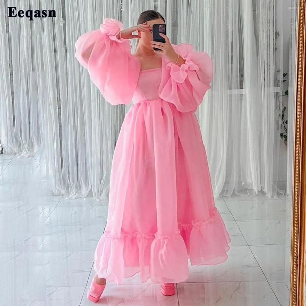 Partykleider rosa Organza Midi Women Prom Langarm Sender Knöchel Länge Homendes Kleid formelle Abendkleider Fashion Club Outfits