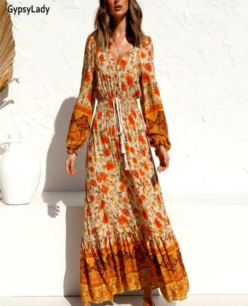 Vestidos casuais Gypsylady amarelo vintage floral maxi vestido outono boho mulheres imprimir longo hippie étnica borlas menina roupas de férias 4049089