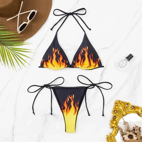Damen-Bademode, sexy Dreieck-Push-Up-Bikini-Set, gebundener String-Bikini für Frauen, Badeanzug, Feuerdruck, 2-teiliger Badeanzug, Strandmode, Femme