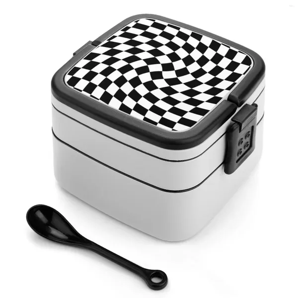 Stoviglie Check Viii-Black Twist Doppio strato Bento Box Contenitore portatile Materiale Pp Motivo a scacchiera