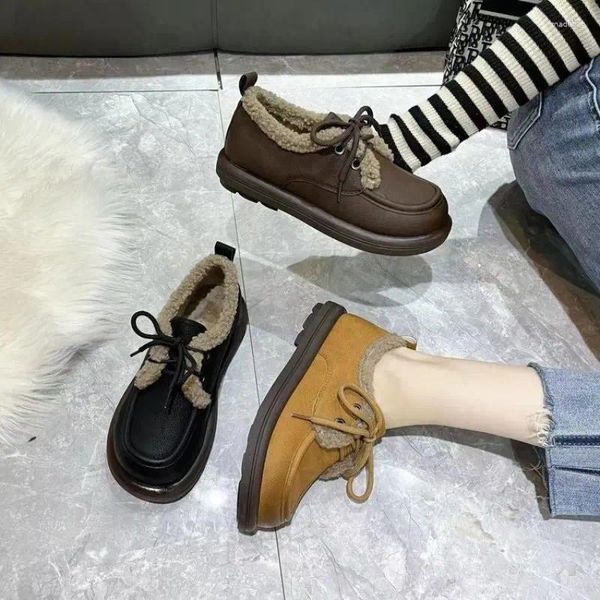 Kleidschuhe Herbst und Winter 2024 Doudou High-Heeled Kleines Leder Warme dicke Sohle Samt Spitze Rundkopf Baumwolle für Frauen