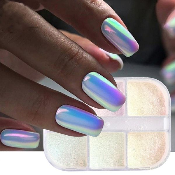 Pó de espelho mágico para arte em unhas, 6 cores, estilo japonês e coreano, arte em unhas, gelo, transparente, pó aurora, cor mágica, glitter em pó para unhas