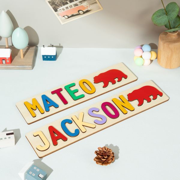 Nome in legno personalizzato puzzle con dinosauri regalo personalizzato per bambini che imparano giocattoli fatti a mano per i più piccoli