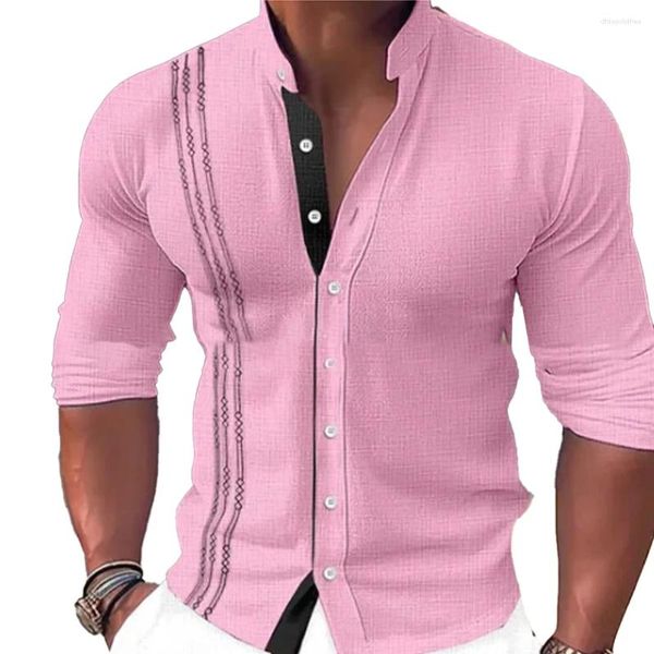 Camisa casual masculina camisa masculina de manga longa botão de blusa muscular no topo Tees de algodão formal misture tecido rosa azul branco preto