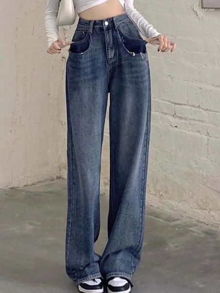 Jeans feminino Coloque casual Cintura solta Ponta de perna larga 2024 Roupas de moda coreana de outono/inverno