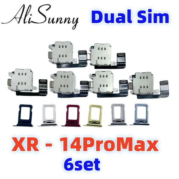 6set Dual SIM Card Reader Flex Cable + Slot de bandeja para iPhone 14 Plus 13 12 11 Pro Max XR XS Connector Adaptador