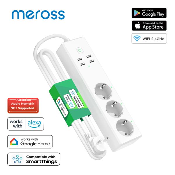 USB Bağlantı Noktaları ile MEROSS Akıllı Güç Şeridi WiFi Surge Koruyucu AB Outlets Uzatma SmartThings Alexa Google Assistant