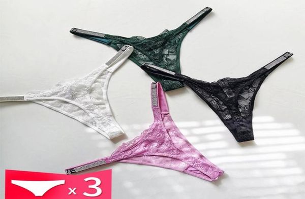 Calcinha feminina 3pcs mulheres sexy roupas íntimas Rhine Lace Pantie G String Transparente T Back Feminino Low Rise Ladies Briefs Black Lingerie TA8844512