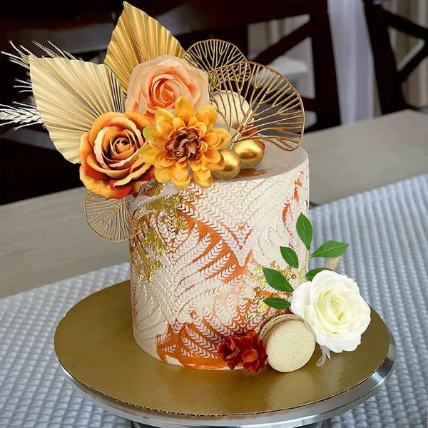Anzug goldener Palmblattpapier Fan Kuchen Topper Rose Blume Metall Ball Babyparty Romantische Hochzeits Geburtstagsfeier Dekoration