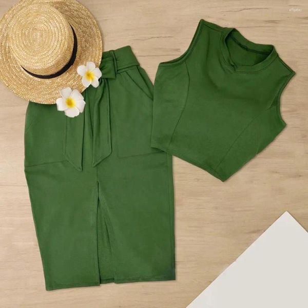 Vestidos de trabalho 2 PCs/set saia de colete feminino define um pescoço redondo com calda de cor sólida color