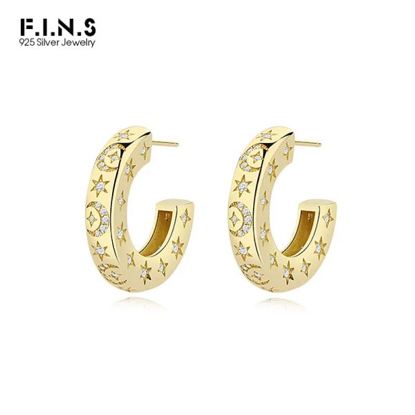 Ohrringe F.I.N.S LUXURY Solid 925 Sterling Silber Gold Ohrringe Cshaped Hoop Ohrringe Zirkon Mondstar Kristall Hochzeit Ohr Fein Schmuck Schmuck