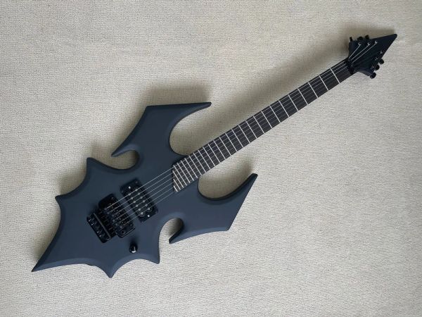 Chitarra a 6 corde insolita a forma di pipistrello chitarra elettrica con tastiera di palissandro, hardware nero, offrire personalizzato