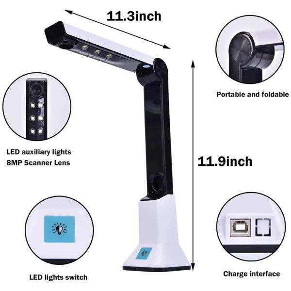 Scanners Document Camera per insegnanti, scanner per fotocamera del documento USB portatile con stand 8MP HD A4 Formato Doc Cam Scanner Photo