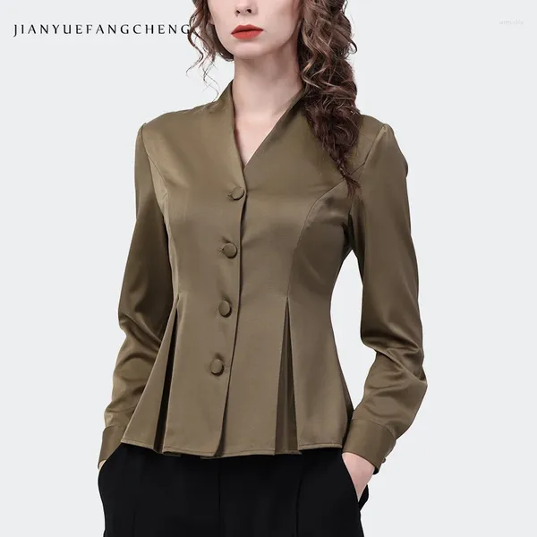 Frauenblusen Satin Top Womens Langarm Olivenfarbe Hemd 2024 Frühlingssommer Tops Elegant Slim V-Ausschnitt Kinoistische Taille