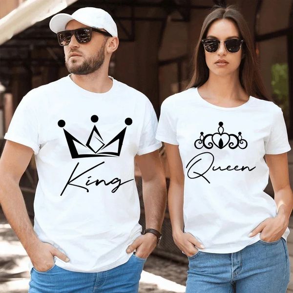 Crown Print Casal Tirl Looks Manga curta Tops de verão Mulheres Menino Casuais casuais camisas de tamanho grande Y2K 240403